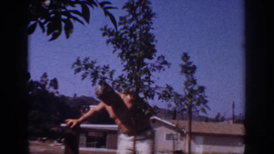 The final frame shows the man reaching near the sapling in a sunny 1962 Pennsylvania backyard, with a house and trees beyond.