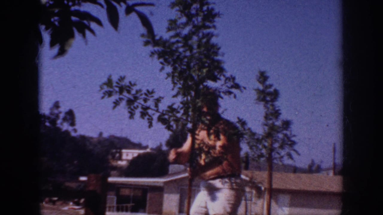1962 Blainsport home-movie frame showing a shirtless man near a sapling, with rooftops, hillside homes, and blue sky behind him.