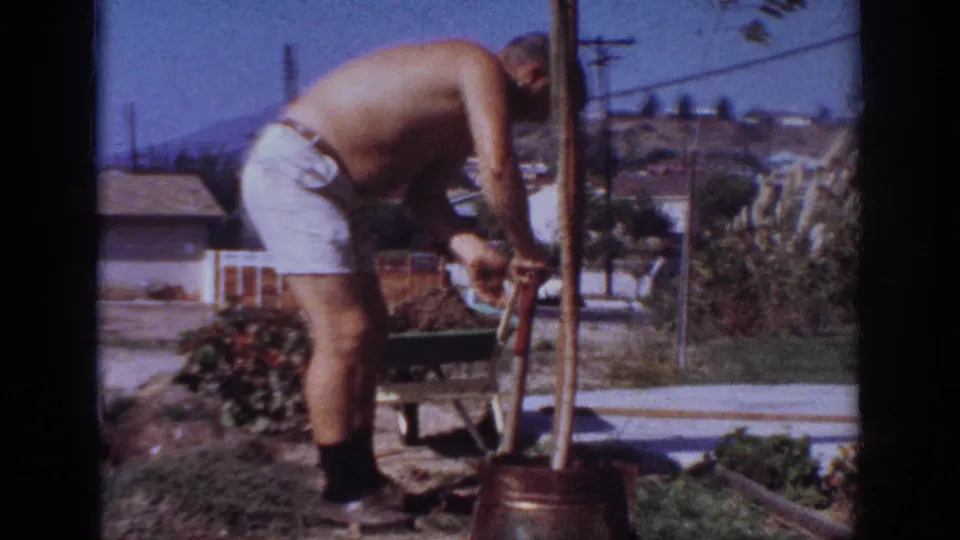 The widest frame shows the man working beside a slender tree or stake, with a wheelbarrow, grass, fence, rooftops, and blue sky visible.