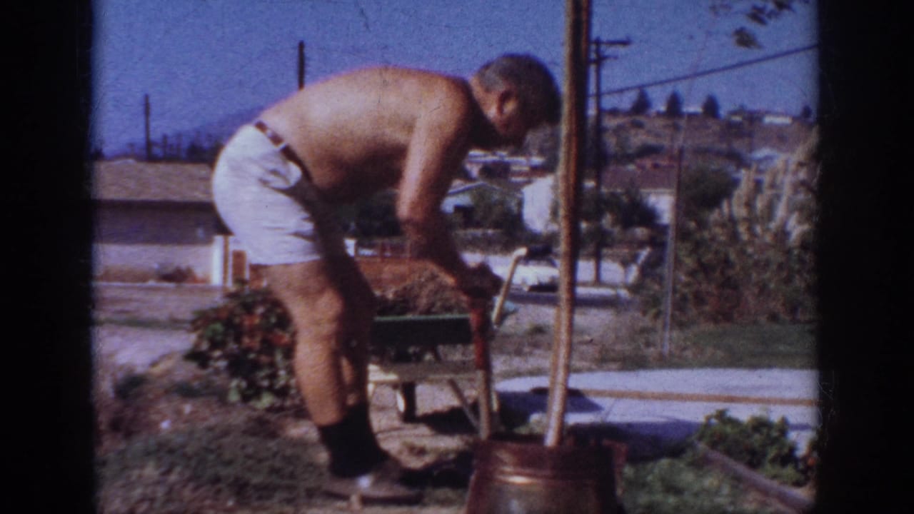 Man leans over a backyard planting area with a green wheelbarrow behind him and utility poles in view.