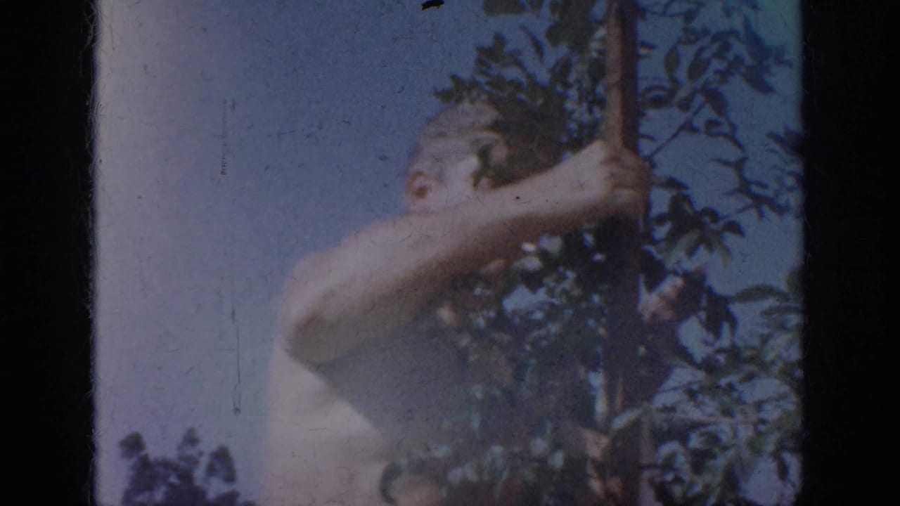 1962 Blainsport home-movie frame showing a shirtless man outdoors beside foliage and a vertical wooden element.