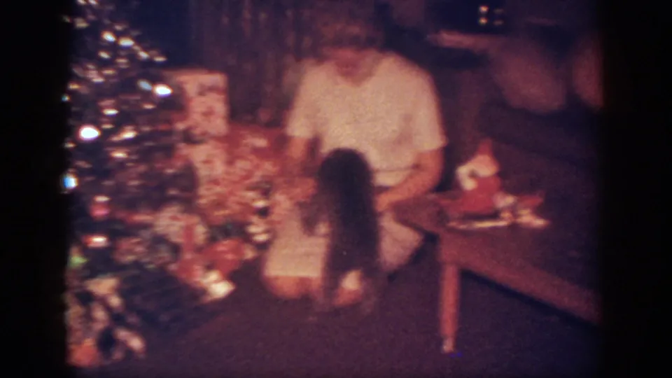 A small dog stands near the seated woman and Christmas presents, with the decorated tree and holiday figure visible in the 1962 Blainsport living room.