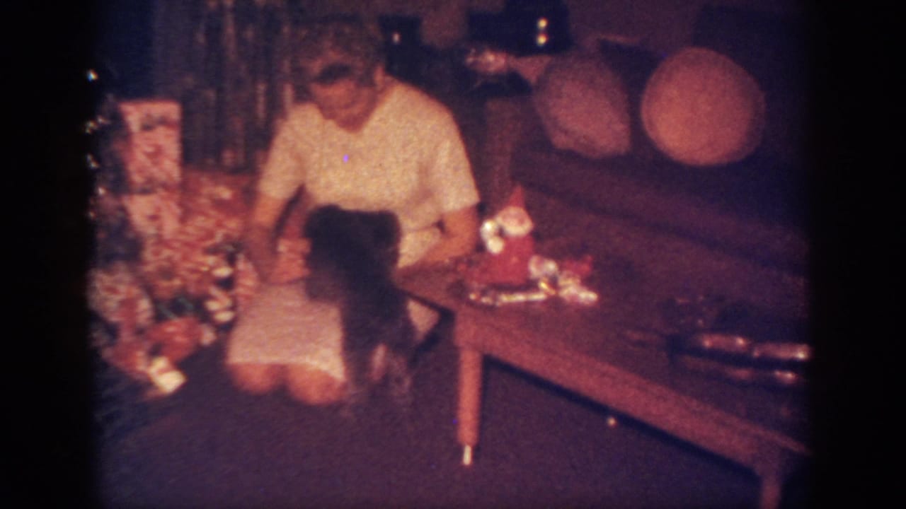Woman reaches toward a small black puppy beside wrapped Christmas gifts and a wooden coffee table.