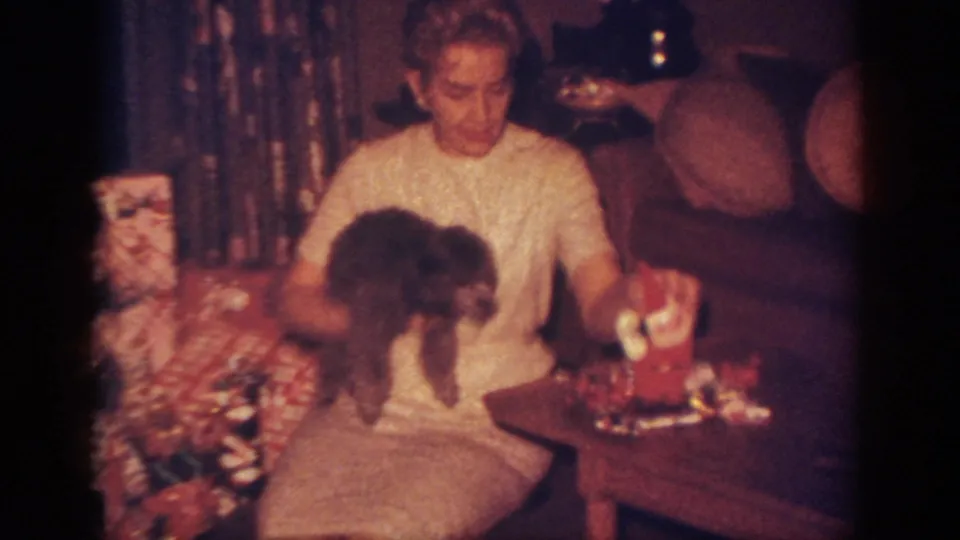 1962 Pennsylvania home-movie frame showing a woman on the floor with a dog, gifts, a Christmas tree, and a decorated coffee table.