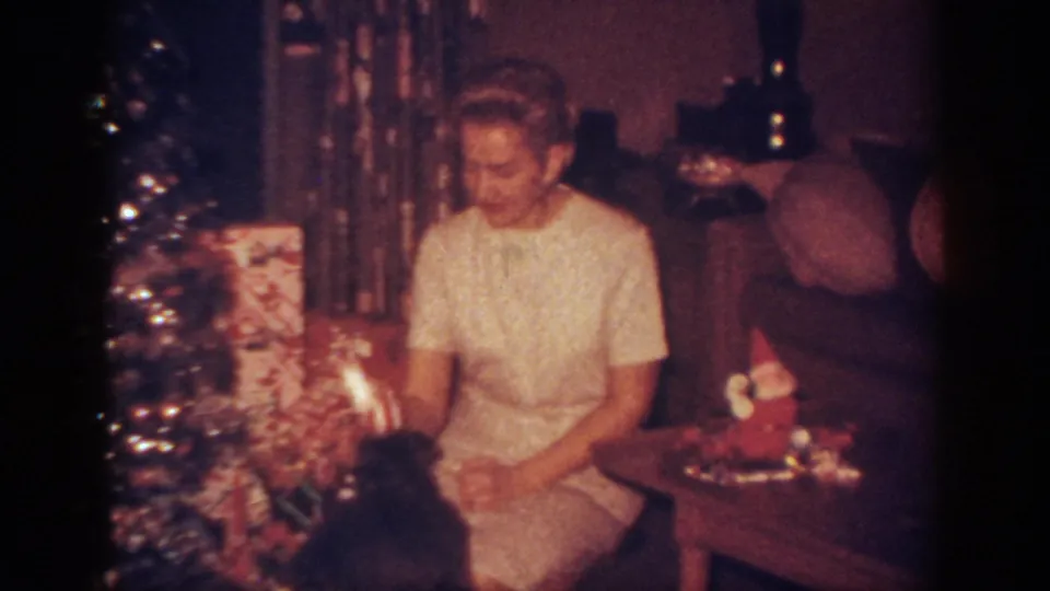 A woman in a light dress sits beside a lit Christmas tree and wrapped presents while a small dog faces her in the room.