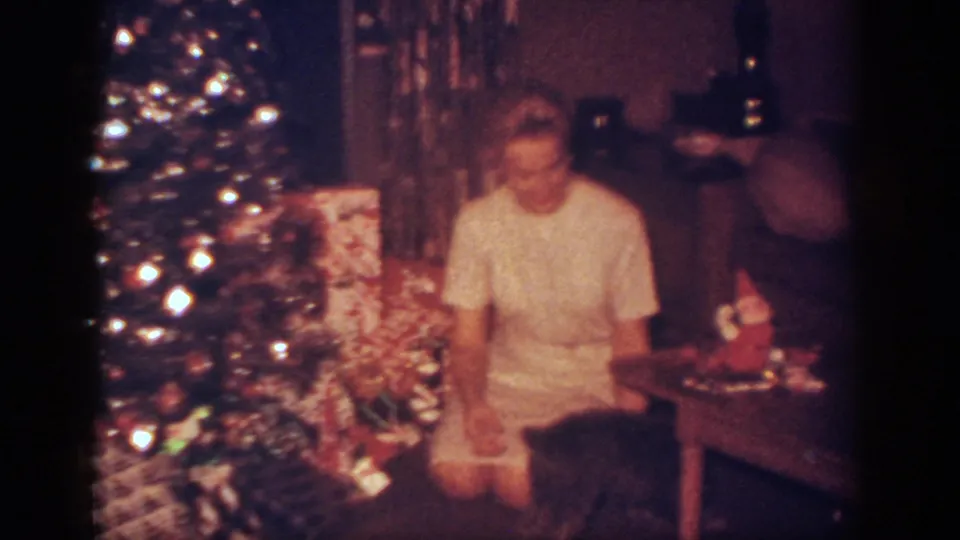 The woman sits centered near the decorated Christmas tree, gift packages, and a small dog in a warm private interior.