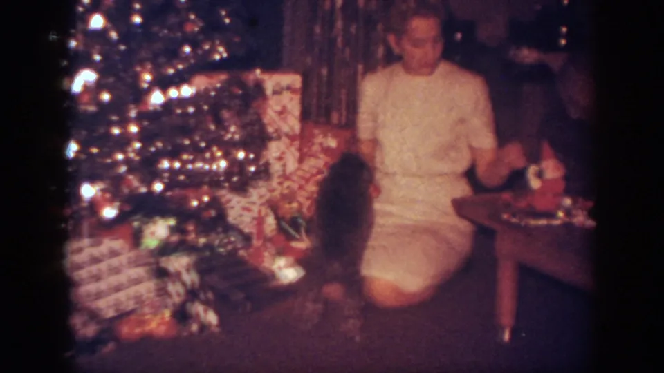 A woman in a light dress gestures toward a puppy near a lit Christmas tree and wrapped gifts in a 1962 Blainsport home interior.