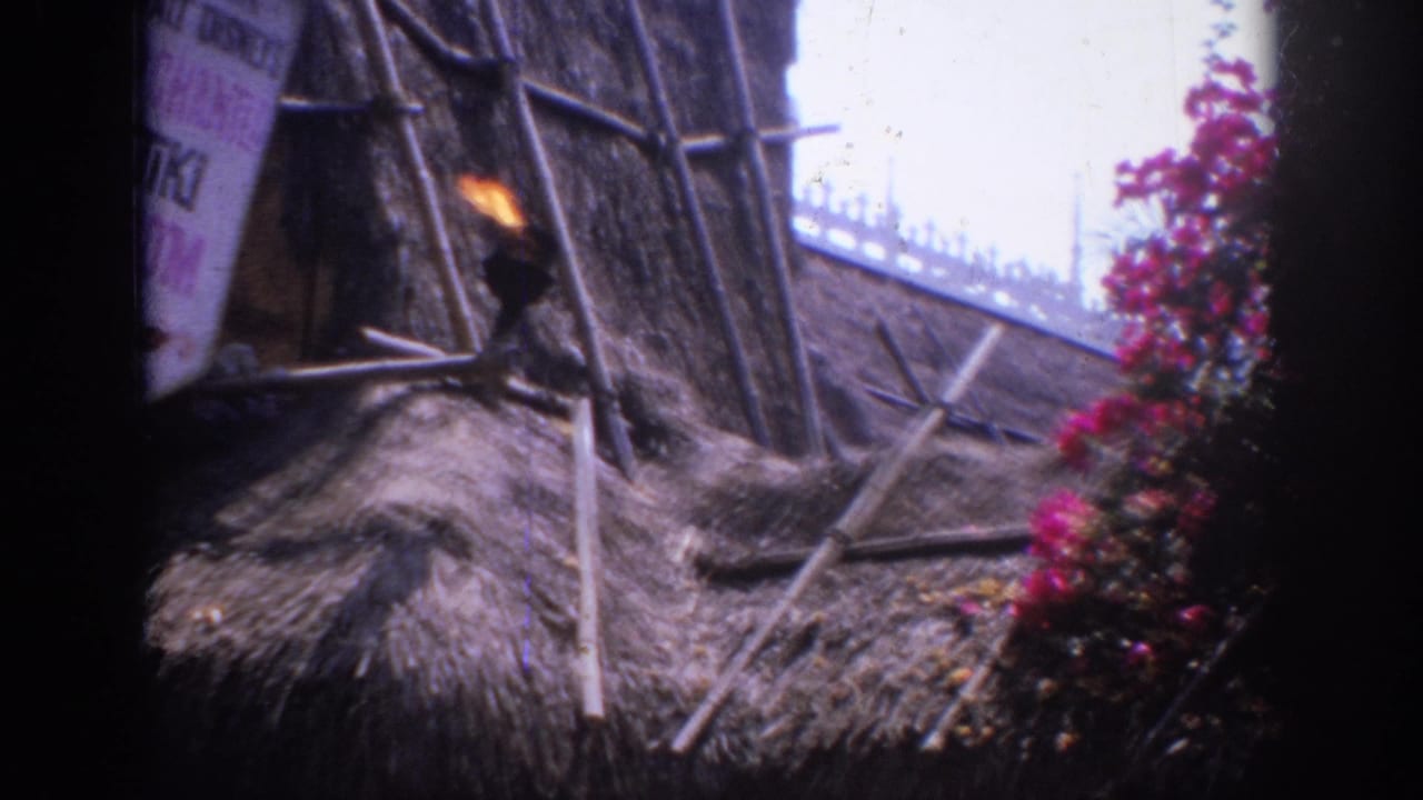 Thatched roof and bamboo poles with a torch beside a partial sign and sky.
