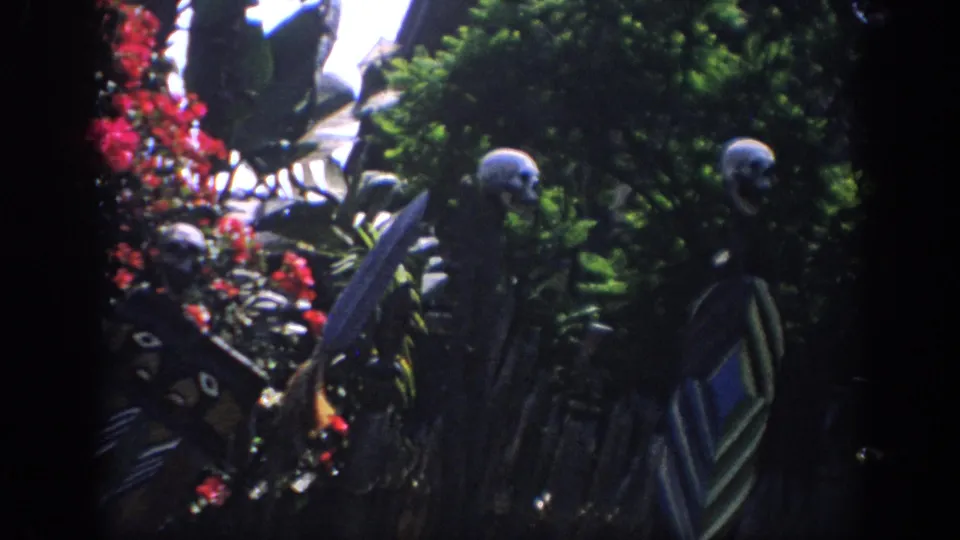 1962 Anaheim 8mm frame showing two skeleton figures surrounded by dense garden foliage, red flowers, and dark vignetted edges.