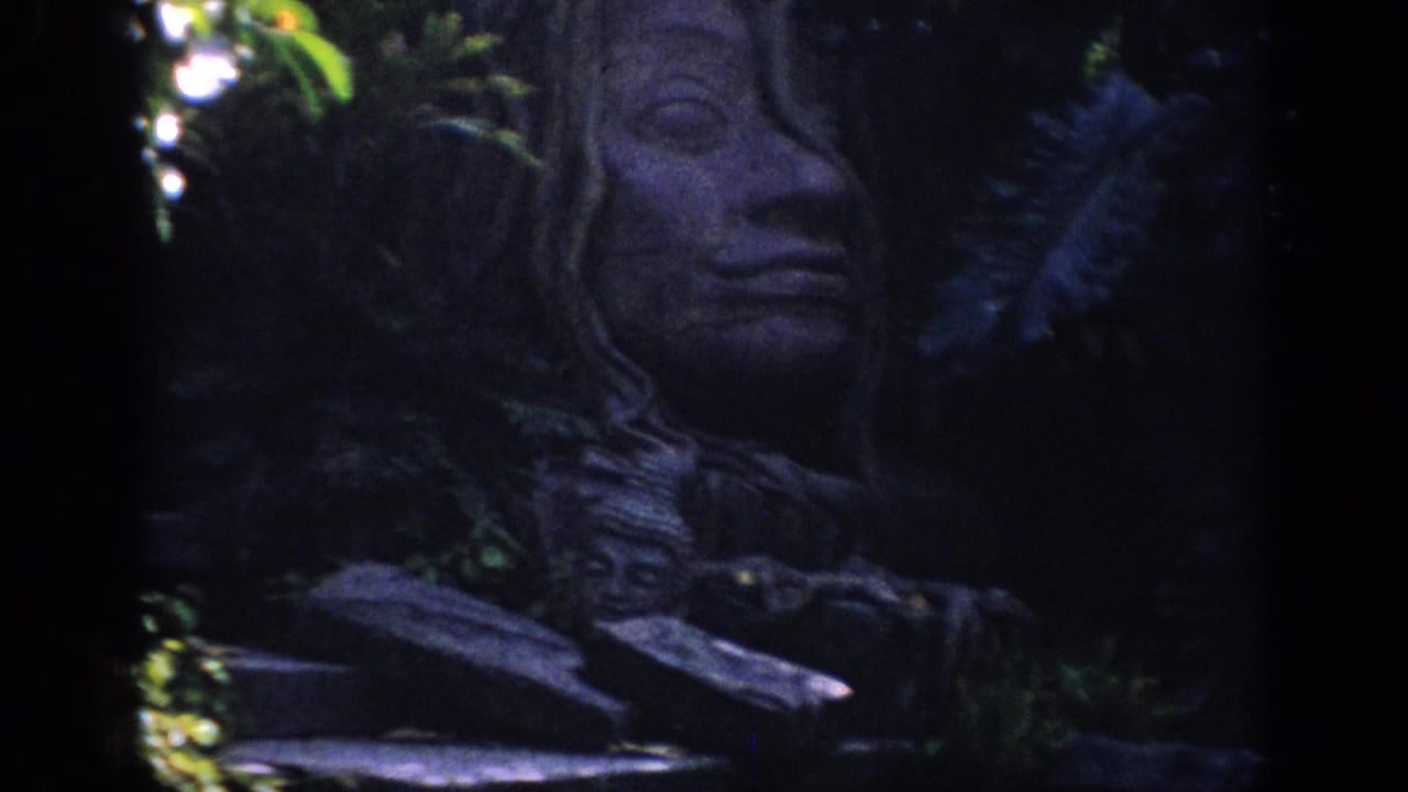 1962 Anaheim 8mm frame showing a large Buddha-style stone face emerging from shadowed garden foliage.