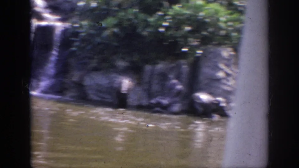 1962 Anaheim home-movie view of a distant landscaped waterfall and rockwork across rippling water.