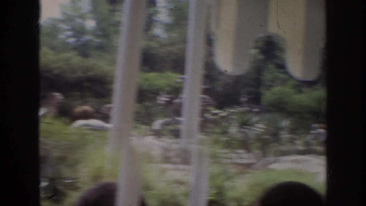 1962 Anaheim home-movie view from inside a moving bus or tram, looking past window posts toward greenery, rocks, and distant animals.