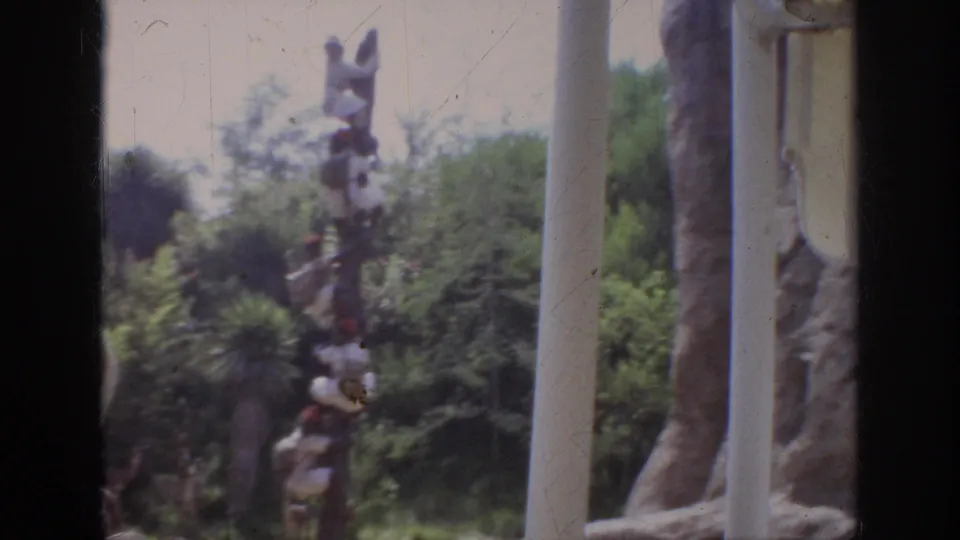 1962 Anaheim zoo ride footage showing window posts, passenger silhouettes, greenery, and partly visible zebra-like animals in the enclosure.