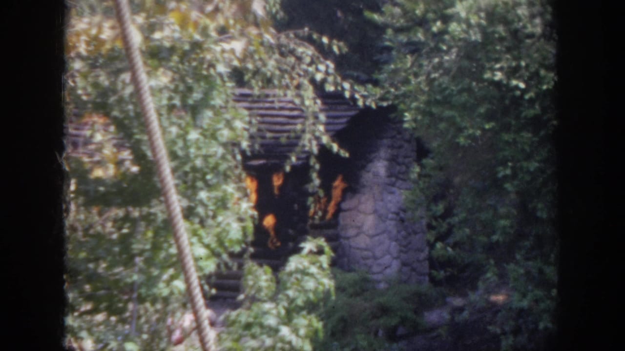 1962 Anaheim 8mm frame showing a rustic stone and log oven or wall behind dense green foliage.