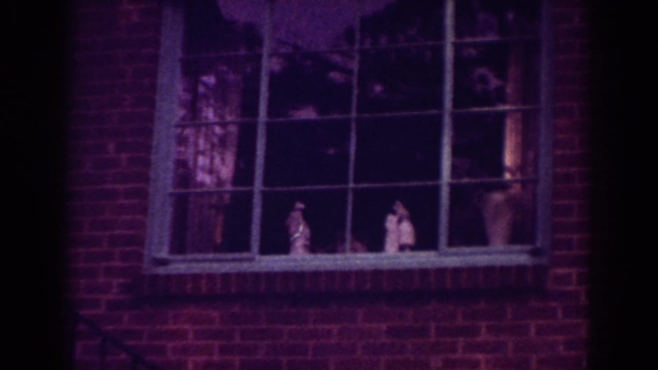 1962 Raleigh home-movie frame showing a brick house window with small figurines on the sill or interior display.