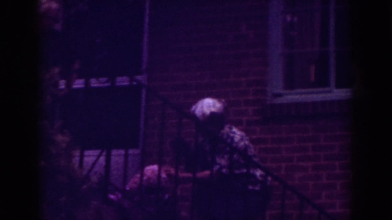 In Raleigh 1962 home-movie footage, an older woman with white hair leans on outdoor steps near a brick wall and railing with a small dark pet.