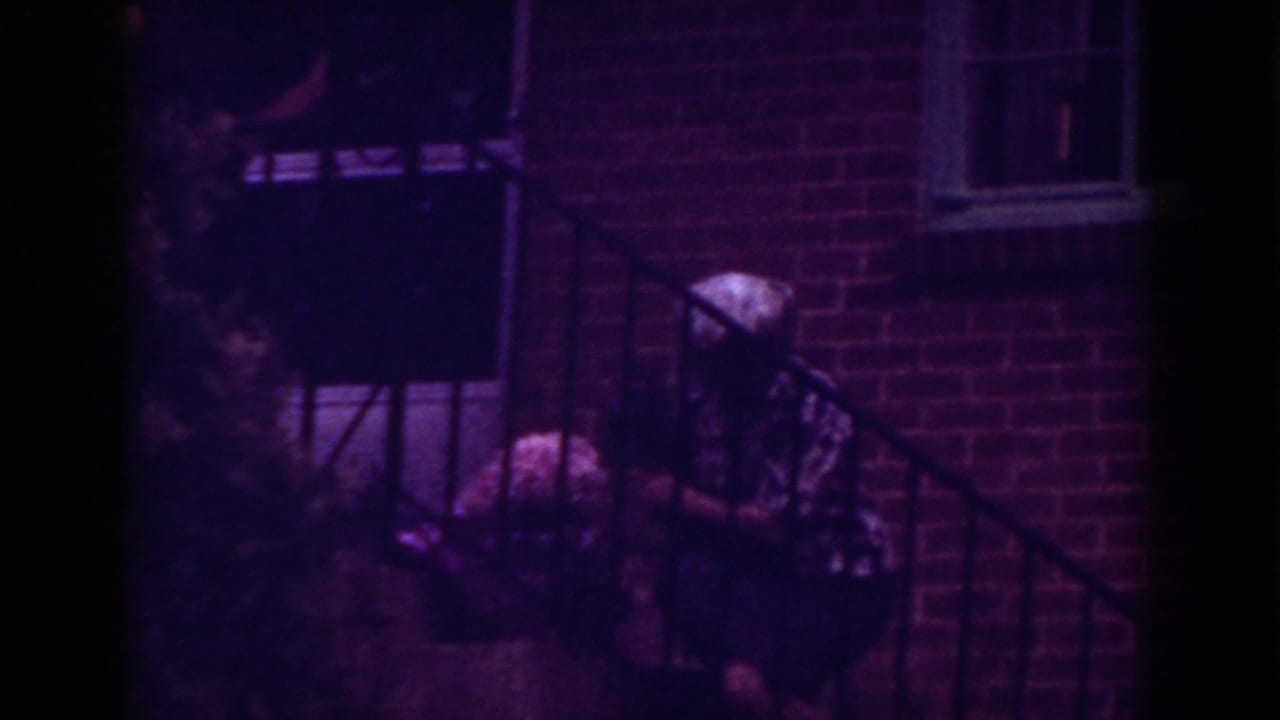The woman remains near the brick entrance and metal rail, with a small dark pet close to her hands in the purple-tinted 8mm frame.