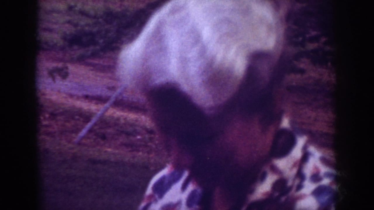 Older woman with short white hair in a patterned blouse stands outdoors in Raleigh home-movie footage from 1962.