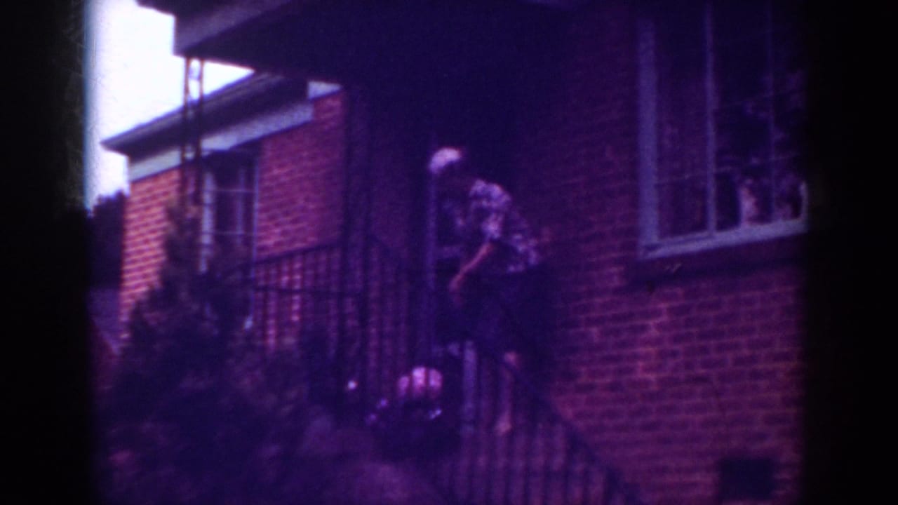 The woman bends on the brick steps near a small dog, with the Raleigh residential exterior behind her.