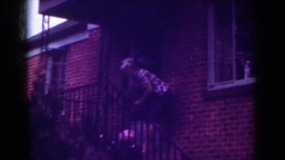 The woman leans over on the brick steps, partly obscured by soft focus and purple color shift.