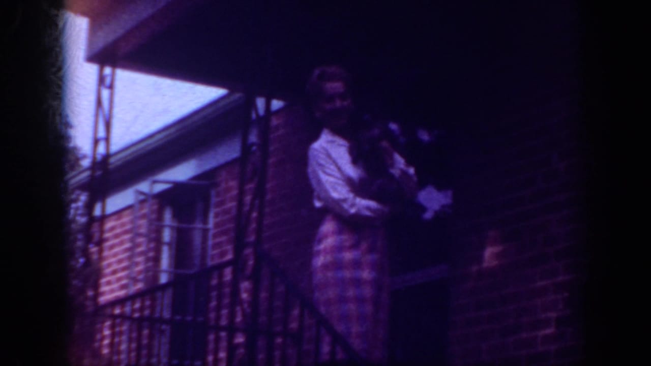 The woman remains on the Raleigh porch, cradling the small dog against her blouse beside the brick exterior and metal railing.