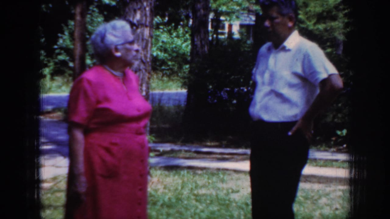Woman in a pink dress stands at left while a man in a light shirt stands at right.