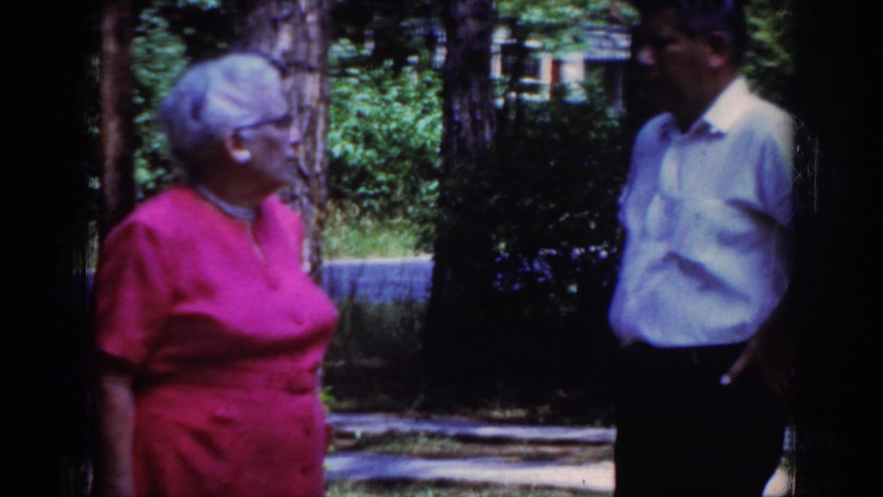 Elderly woman in a pink dress faces a man in a light shirt outdoors among trees.