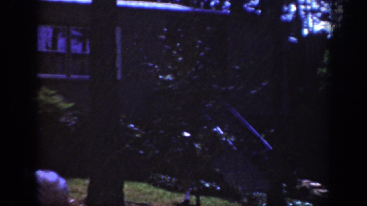 1962 Raleigh home-movie frame showing a dark residential yard, house windows, trees, shrubs, and a partial person at the lower edge.