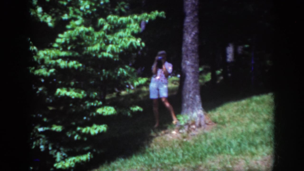 Woman with a camera stands beside a tree among bright foliage and shaded grass.
