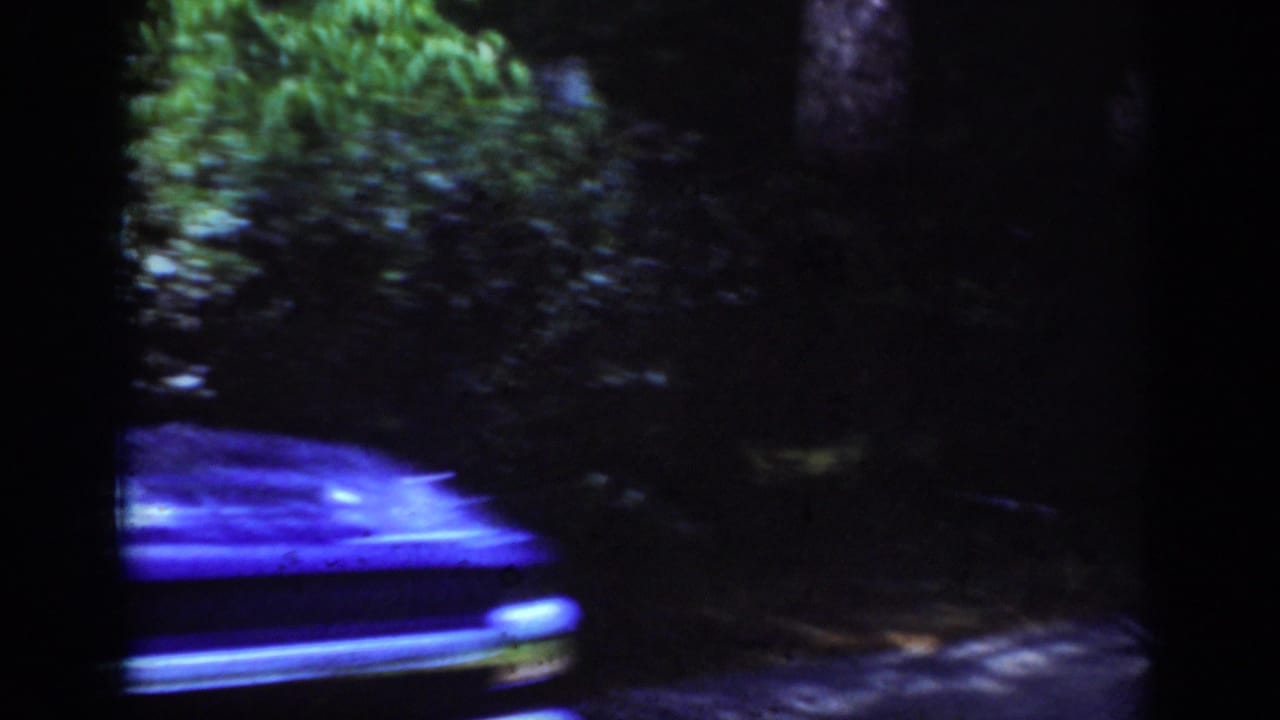 Raleigh 1962 home-movie frame showing a blurred car front beside trees and driveway pavement at night.