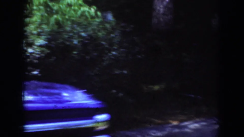 Raleigh 1962 home-movie frame showing a blurred car front beside trees and driveway pavement at night.