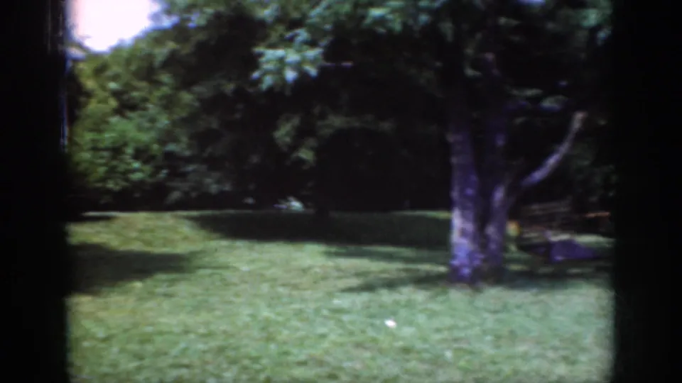 1962 Raleigh home-movie frame showing a green residential lawn, trees, bushes, and a partially obscured house exterior.