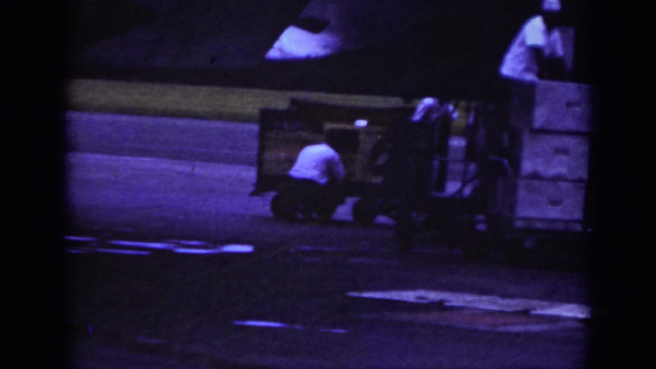 Workers remain beside a baggage trailer near the edge of an aircraft.