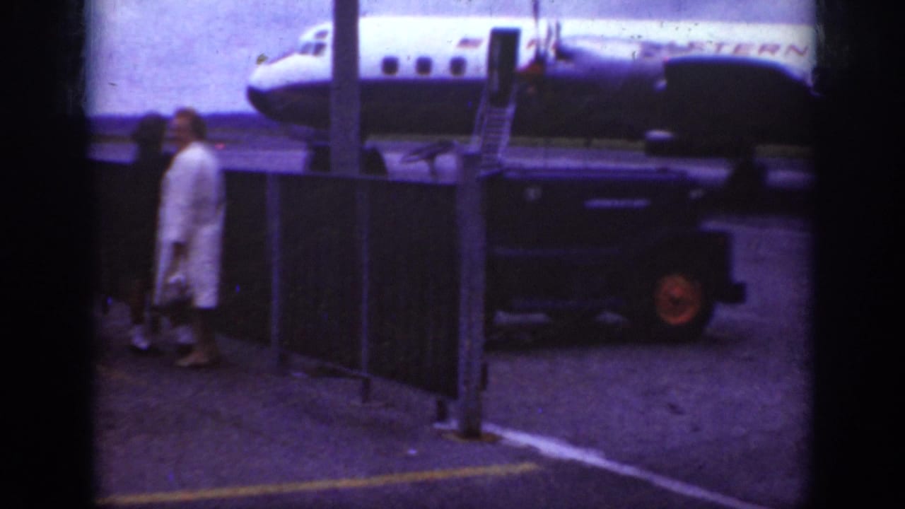 Passenger in a light coat walks near fencing with a Western Airlines plane behind.