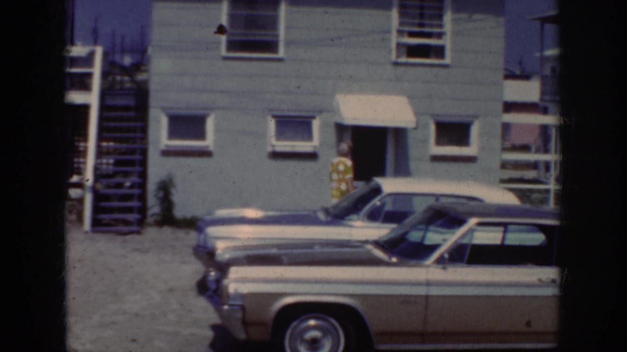 Woman standing near an open doorway with parked cars in the foreground.