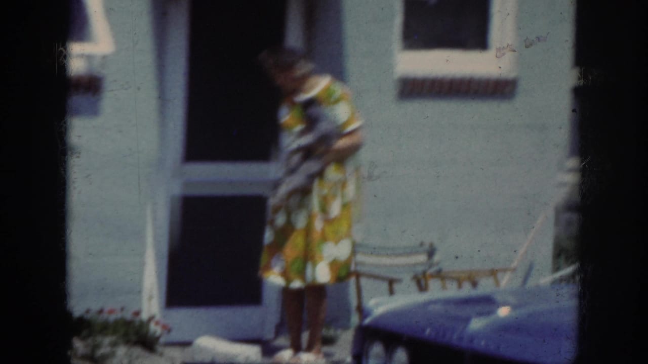 In the Raleigh 1962 scene, the woman looks down at the small dog while standing by the chair and screen door.