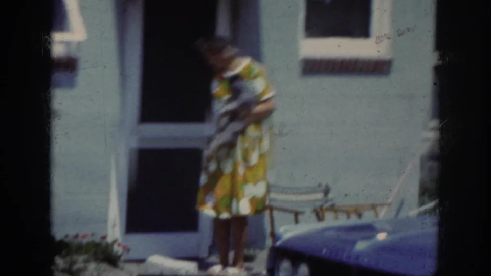 In the Raleigh 1962 scene, the woman looks down at the small dog while standing by the chair and screen door.