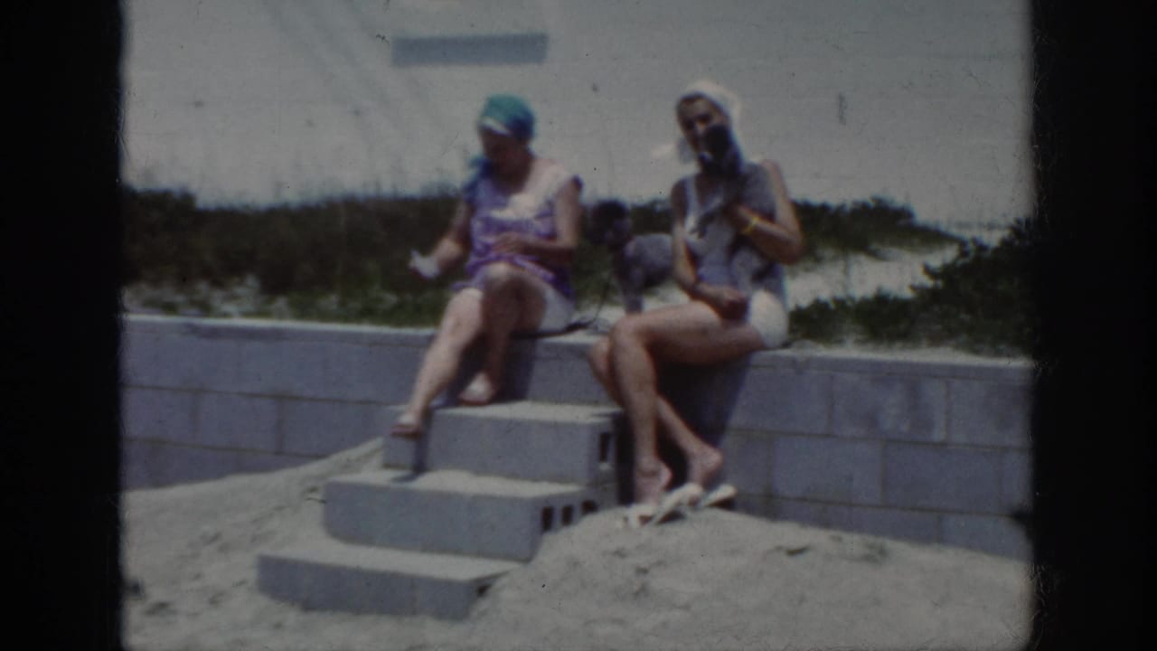 Two women remain seated on concrete steps, one holding or handling a small dog.