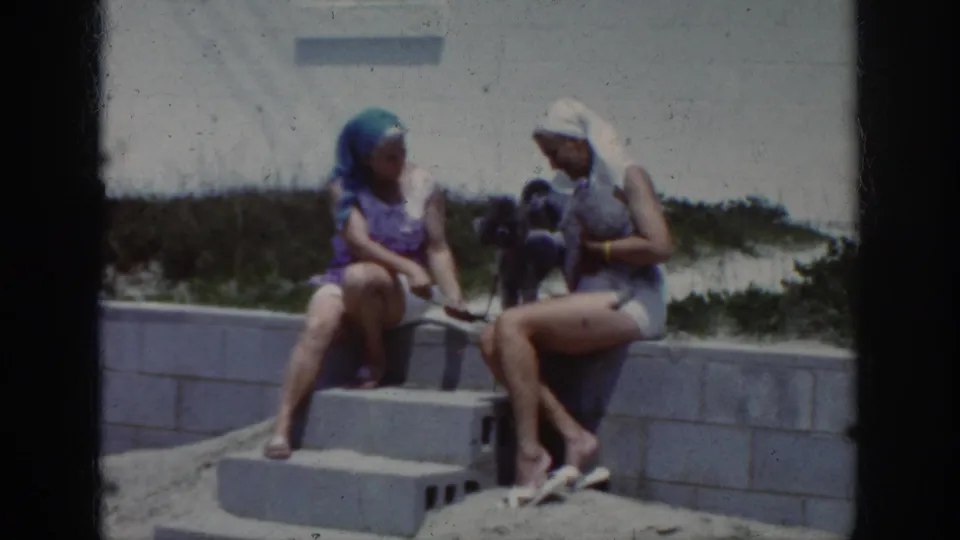 Two women in 1960s swimwear sit on concrete steps near sand, facing a small dark poodle in bright outdoor light.