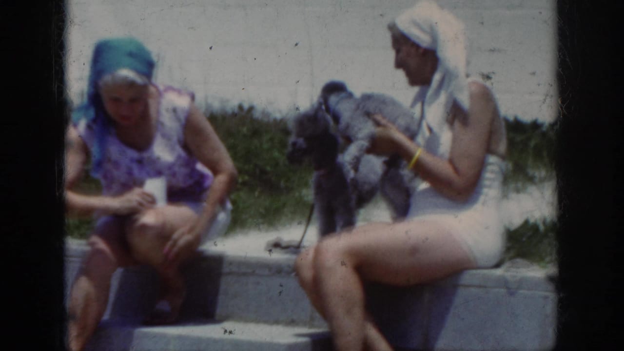 1962 home-movie frame of two women in swimsuits and head coverings on concrete beach steps with a small dark dog.