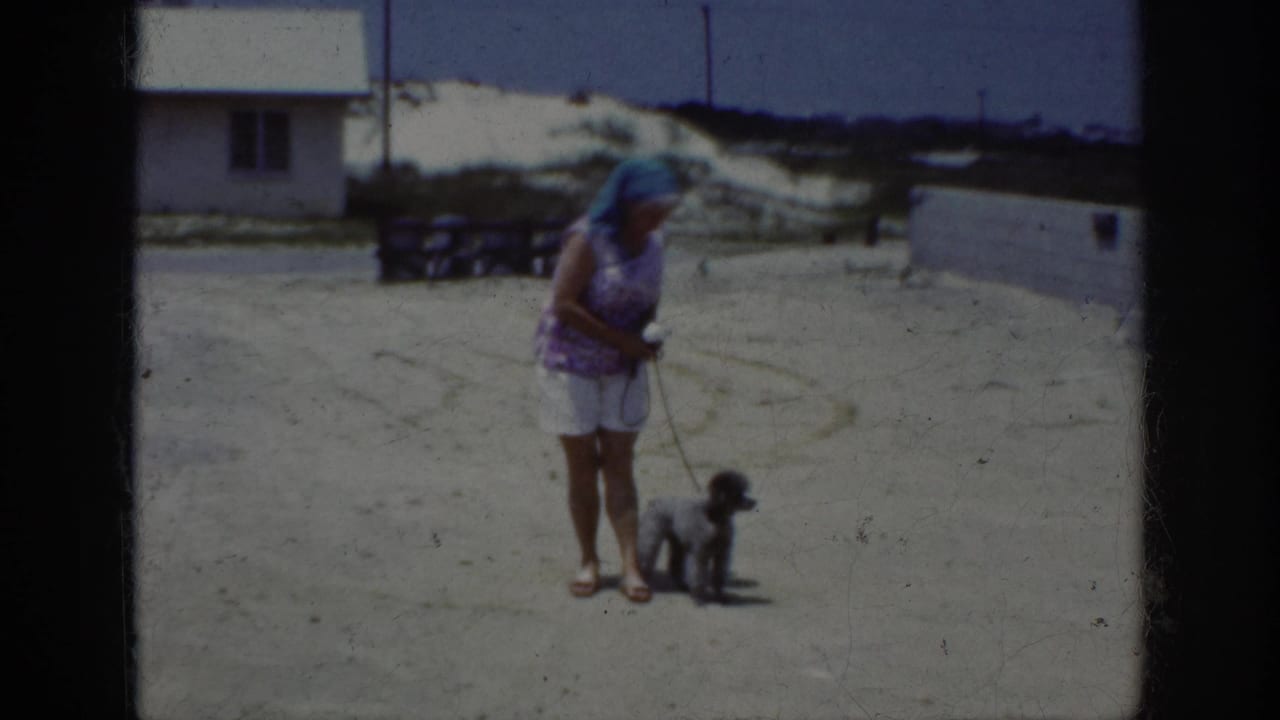 1962 Raleigh home-movie frame showing a woman in a blue headscarf standing with a small dark poodle on a leash in a sandy outdoor area.