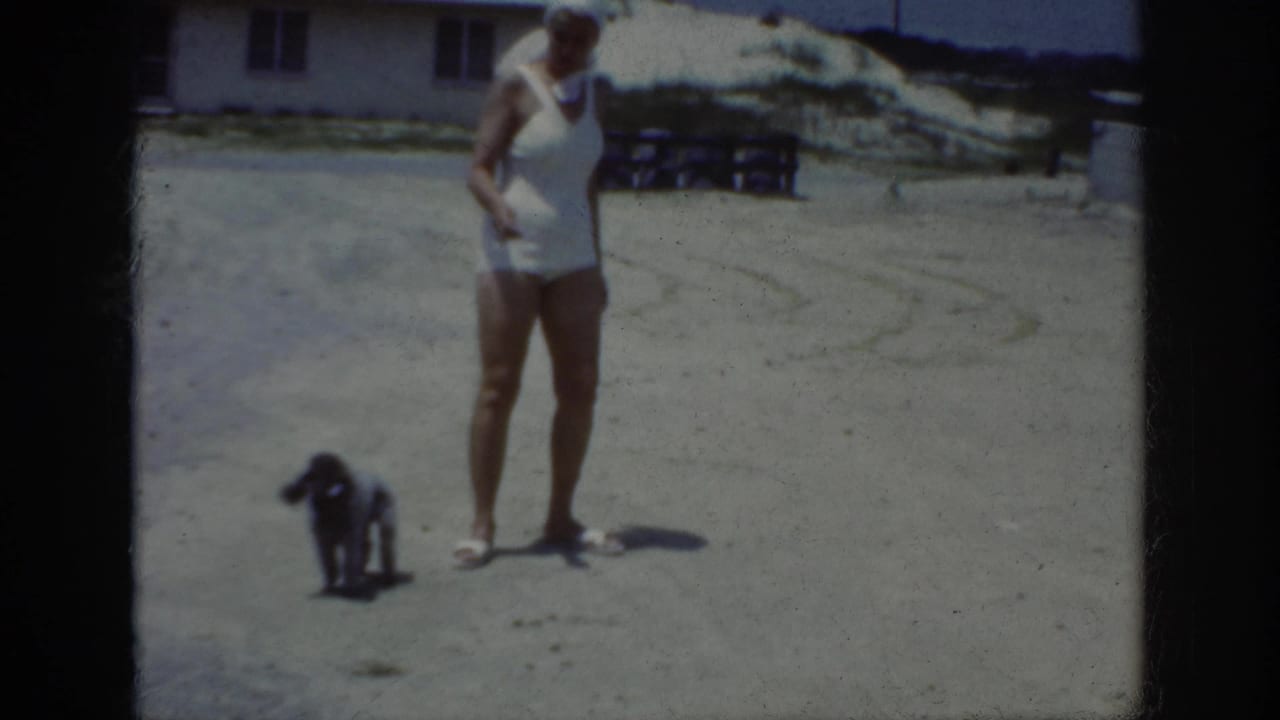 The woman stands barefoot or in light sandals near the small dark dog, with low beach buildings and sandy dunes visible behind them.