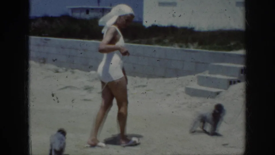 1962 Raleigh frame showing the woman in white walking beside a low concrete wall as two small dogs wander on the sandy terrace.