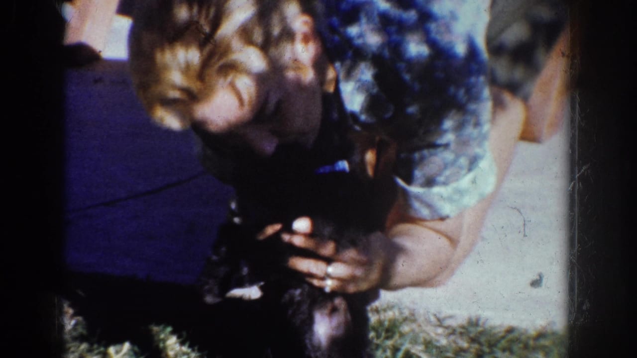 1962 Yorba Linda home-movie frame showing a person crouched over a small black puppy near a lawn and concrete sidewalk.