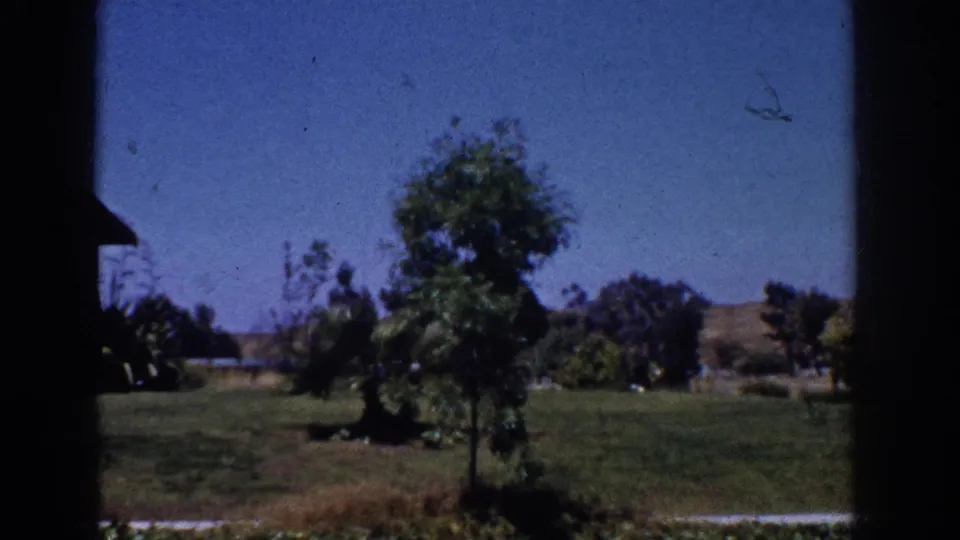 1962 Yorba Linda home-movie view through a dark frame toward an open lawn, scattered trees, low hills, and clear sky.