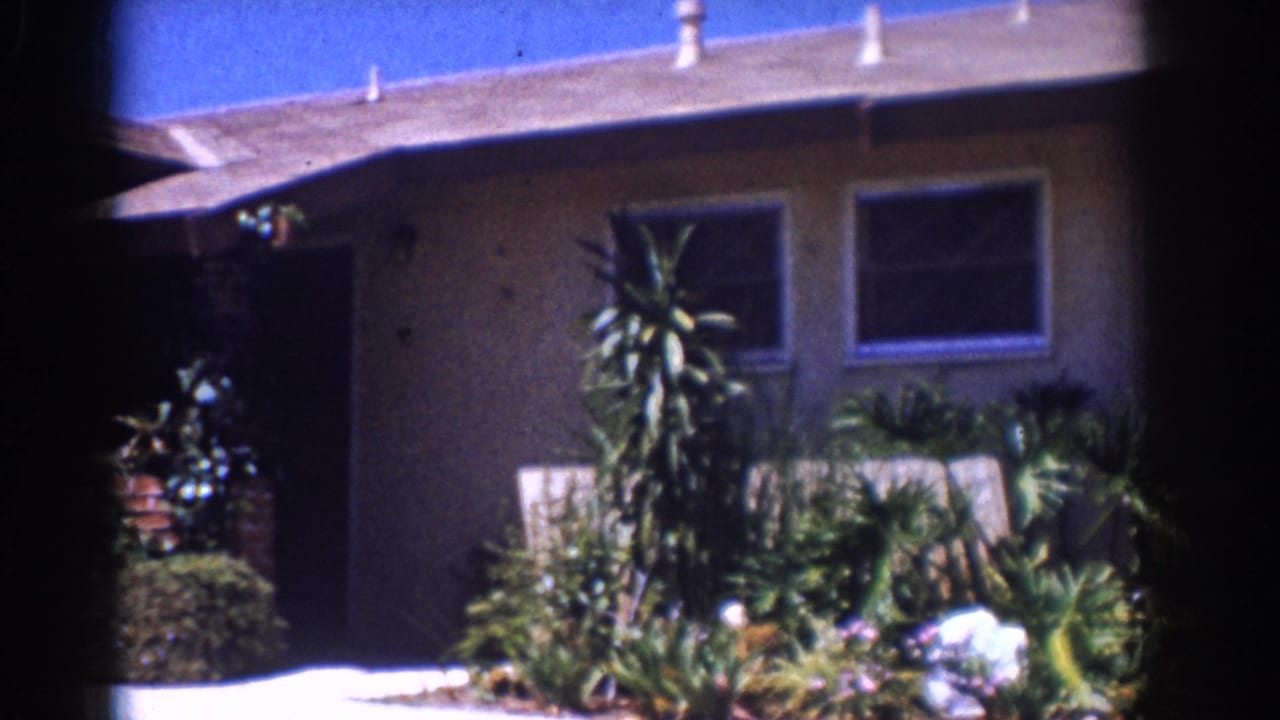 1962 Yorba Linda frame with a low stucco house facade, front windows, and dense ornamental garden planting.