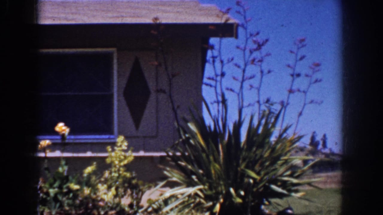 Suburban house exterior partly obscured by garden plants and a diamond-shaped wall detail.