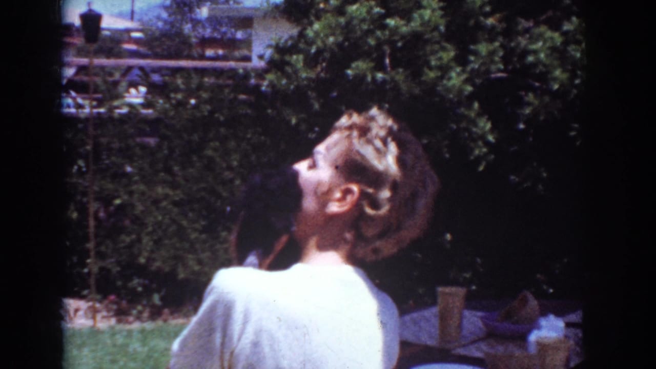 In metadata-supported 1962 Yorba Linda footage, a woman in a white top sits in a sunny yard near shrubs and wooden furniture.