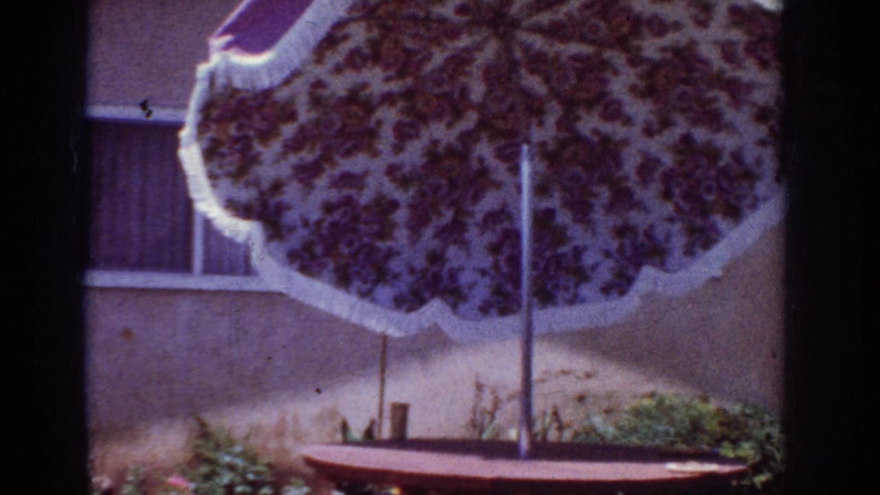 1962 Yorba Linda backyard view with a large patterned patio umbrella, round table, stucco wall, and garden planting.