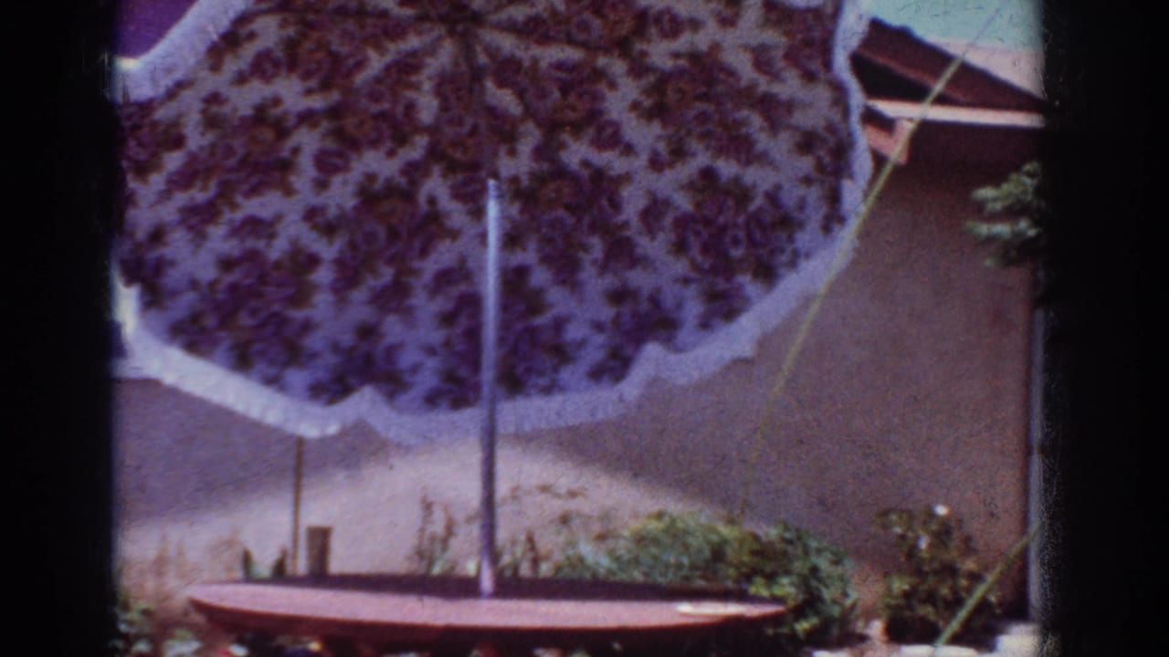 Yorba Linda backyard frame showing the patterned umbrella, patio table, stucco house wall, and sunlit garden plants.